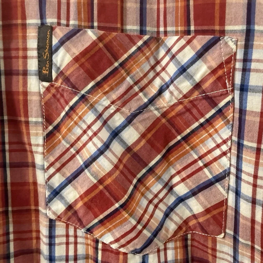 Ben Sherman Mens M Red Orange Blue Plaid Short‎ Sleeve Button-Up Shirt - Picture 3 of 8